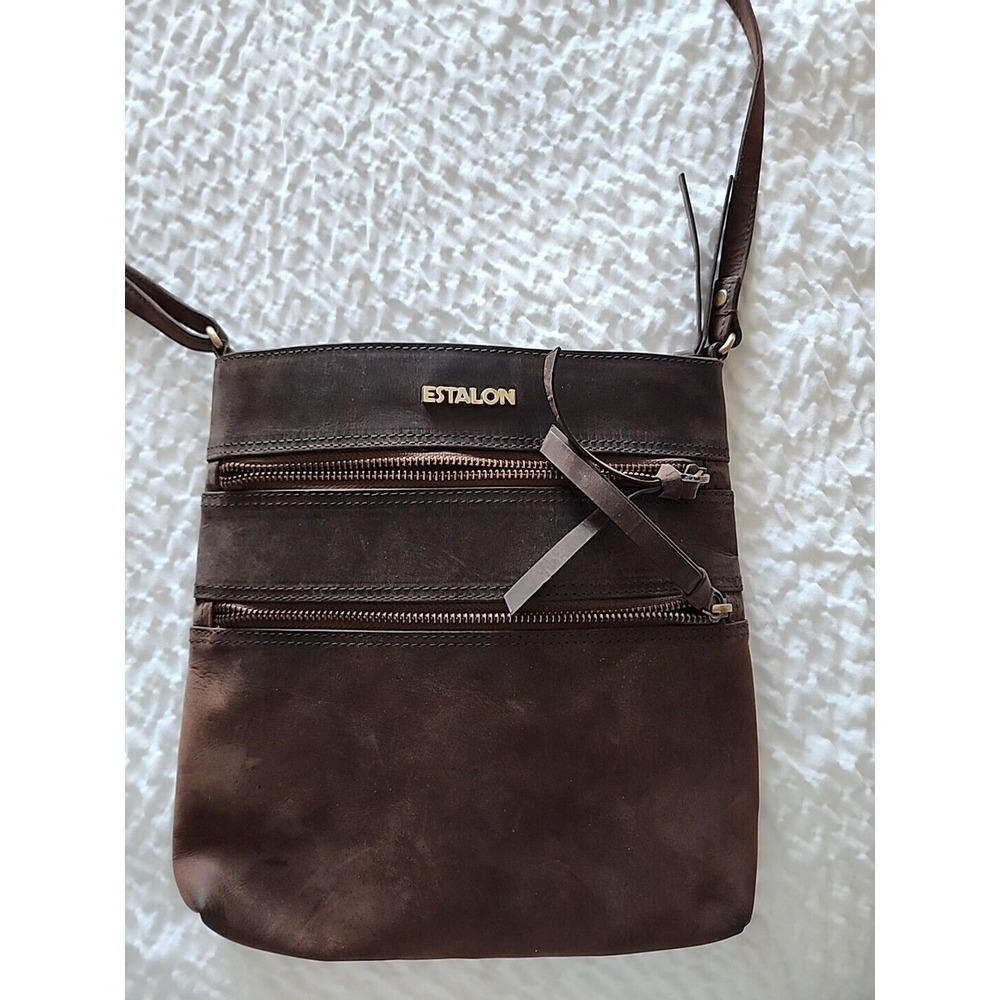 ESTALON 100% Genuine Leather Crossbody Bag Purse Distressed Dark Brown‎